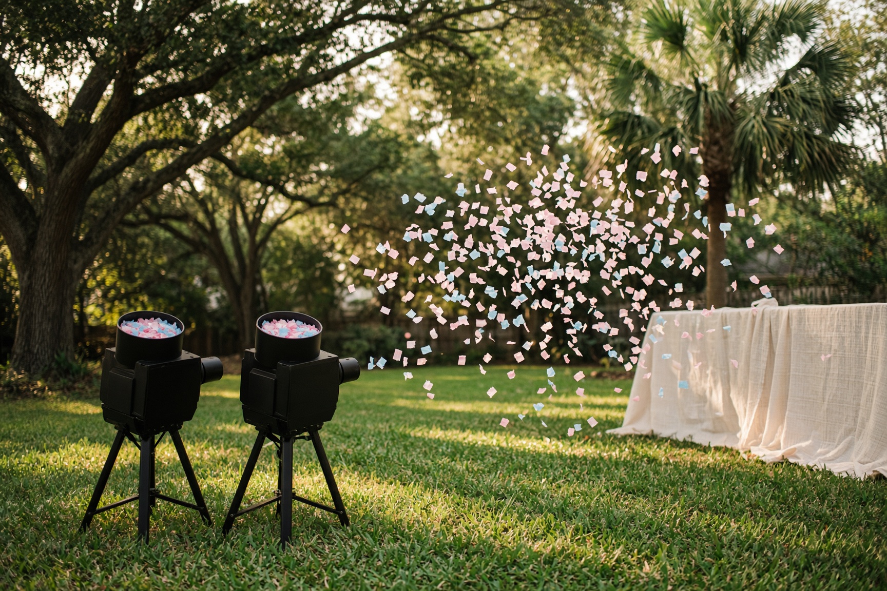 Two black confetti machines releasing pale tissue in a late-afternoon Orlando yard.