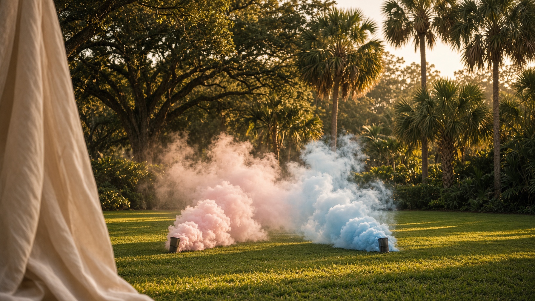 Blush-pink and sky-blue smoke meeting over a quiet Orlando lawn at golden hour.