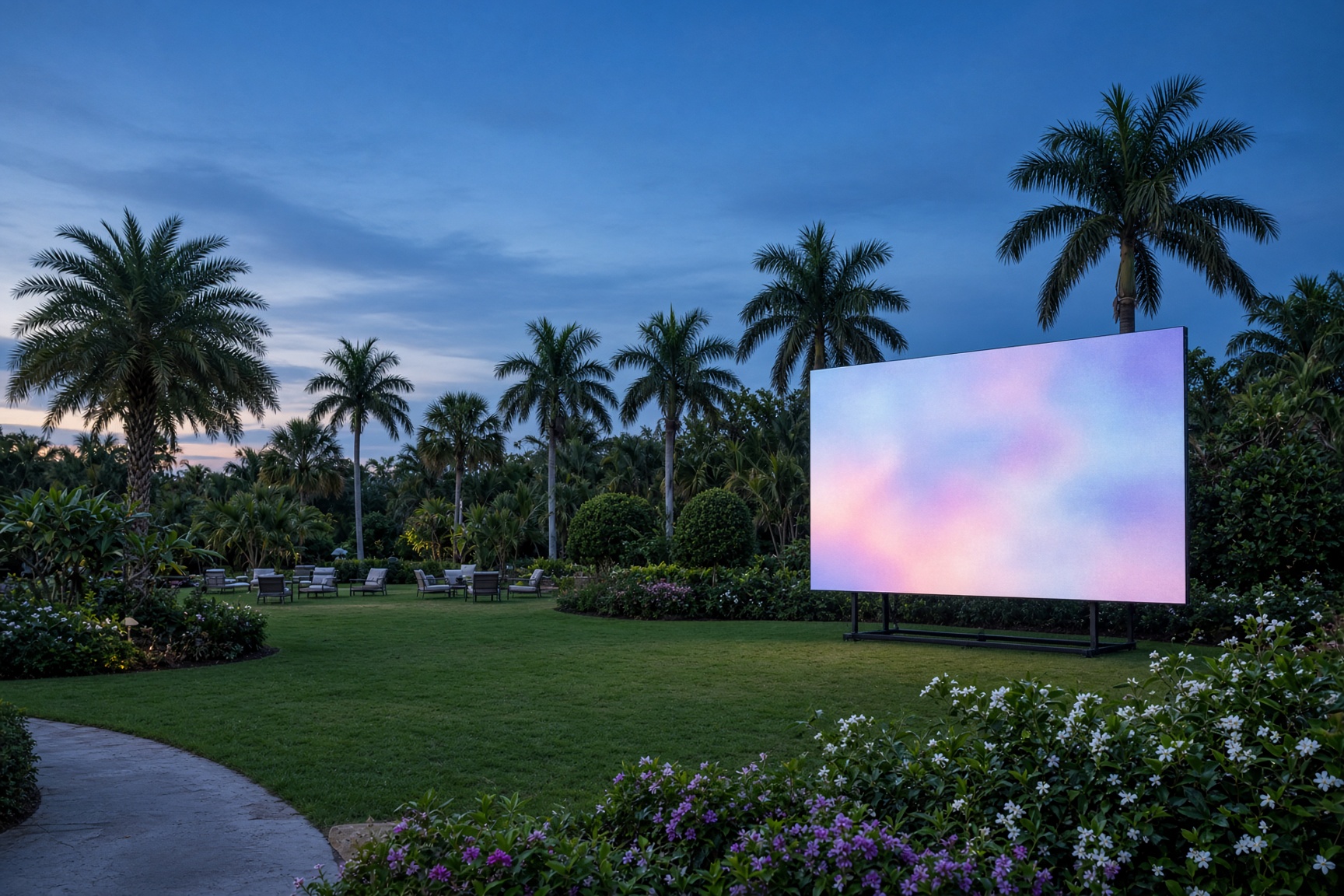 An outdoor LED wall in a garden at blue hour showing a soft color wash.