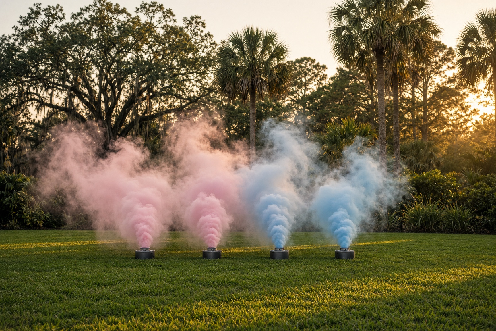 Four smoke cannons sending soft plumes across a Florida lawn at golden hour.